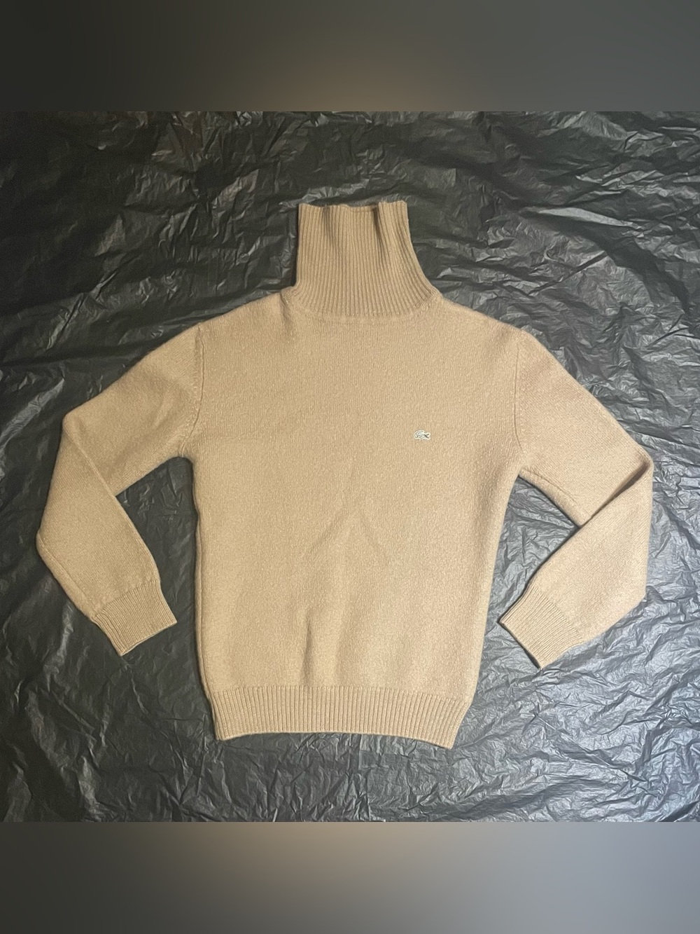 Lacoste Women’s XS Tan Beige Knit Turtleneck Sweater Embroidered Crocodile Logo